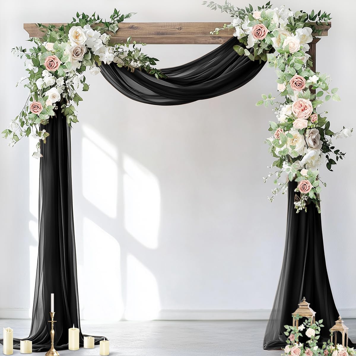 Socomi Wedding Arch Draping Fabric 2 Panels 29" x 18Ft Black Sheer Curtain Drapes 6 Yards for Wedding Baby Shower Ceremony Birthday Party Decoration