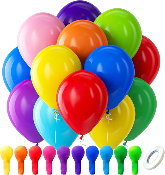 Bezente Assorted Rainbow Latex Balloons, 100 Pack 12 inch Round Helium Bright Color Balloons for Birthday Bridal Shower Wedding Party Decorations