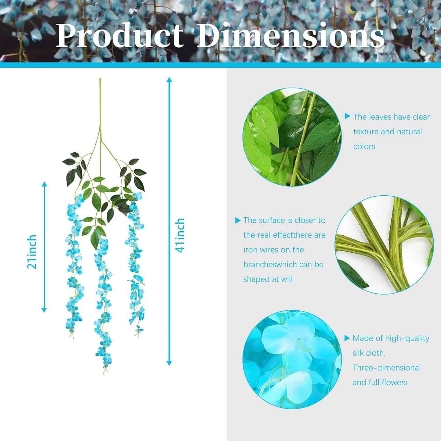 24 Pack Lake Blue Wisteria Hanging Flowers, 3.4 Ft Fake Hanging Flowers, Artificial Wisteria Garland Vines for Wedding Room Backdrop Outdoor Patio Garden Decoration