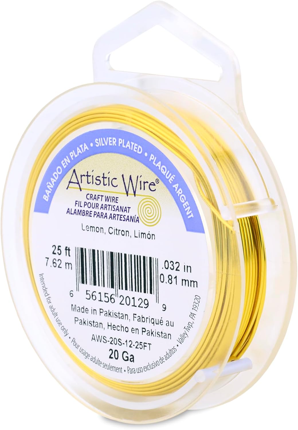 Artistic Wire, 20 Gauge Silver Plated Tarnish Resistant Colored Copper Craft Wire, Lemon, 25 ft