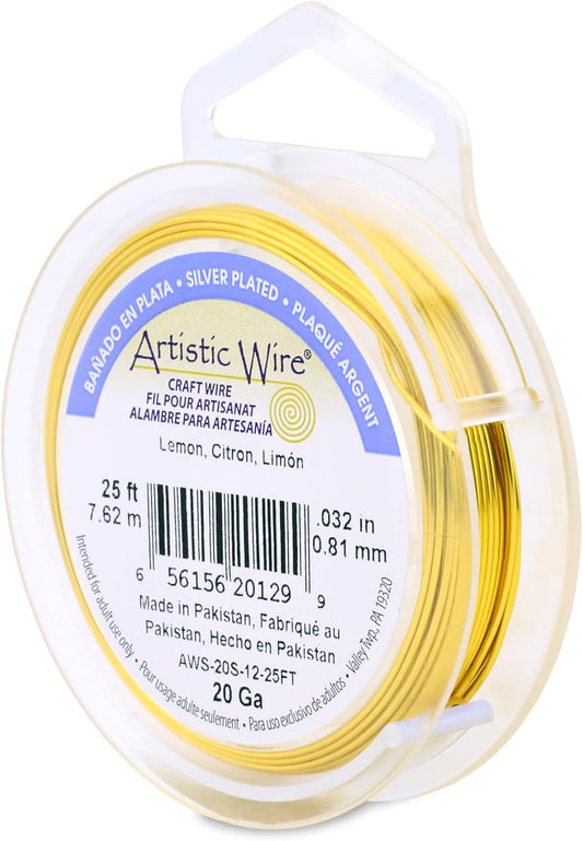 Artistic Wire, 20 Gauge Silver Plated Tarnish Resistant Colored Copper Craft Wire, Lemon, 25 ft