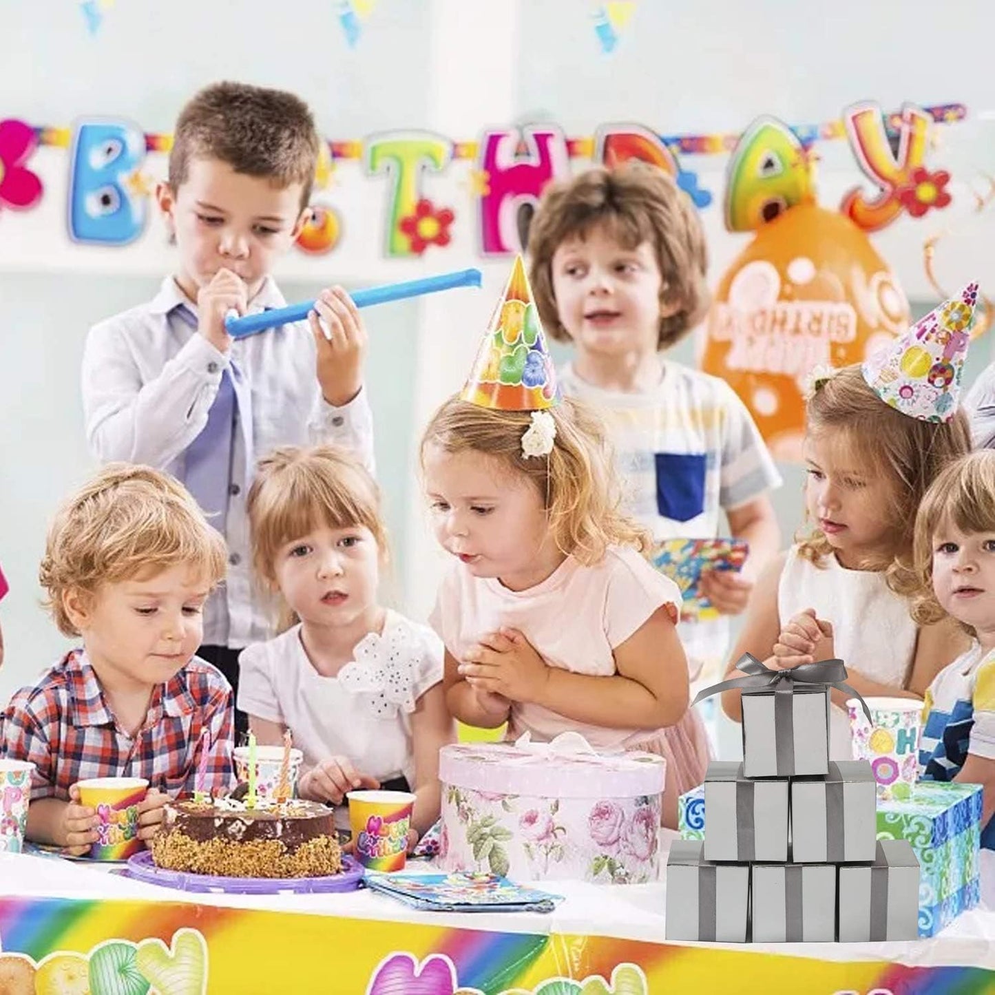 COTOPHER 60pcs Wedding Favor Boxes, Paper Gift Boxes 3x3x3 Inches Small Gift Boxes with Ribbons Small Boxes for Gifts, Crafting, Cupcake, Candy, Bridesmaid Proposal Boxes (Metallic Silver)