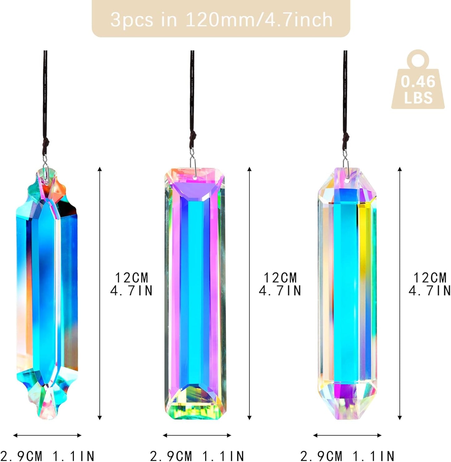 3PCS Crystal Suncatcher Prism for Window,120mm/5'' Rectangle AB Colored Crystal Stick Rainbow Maker Prisms Garden Hanging Sun Catcher