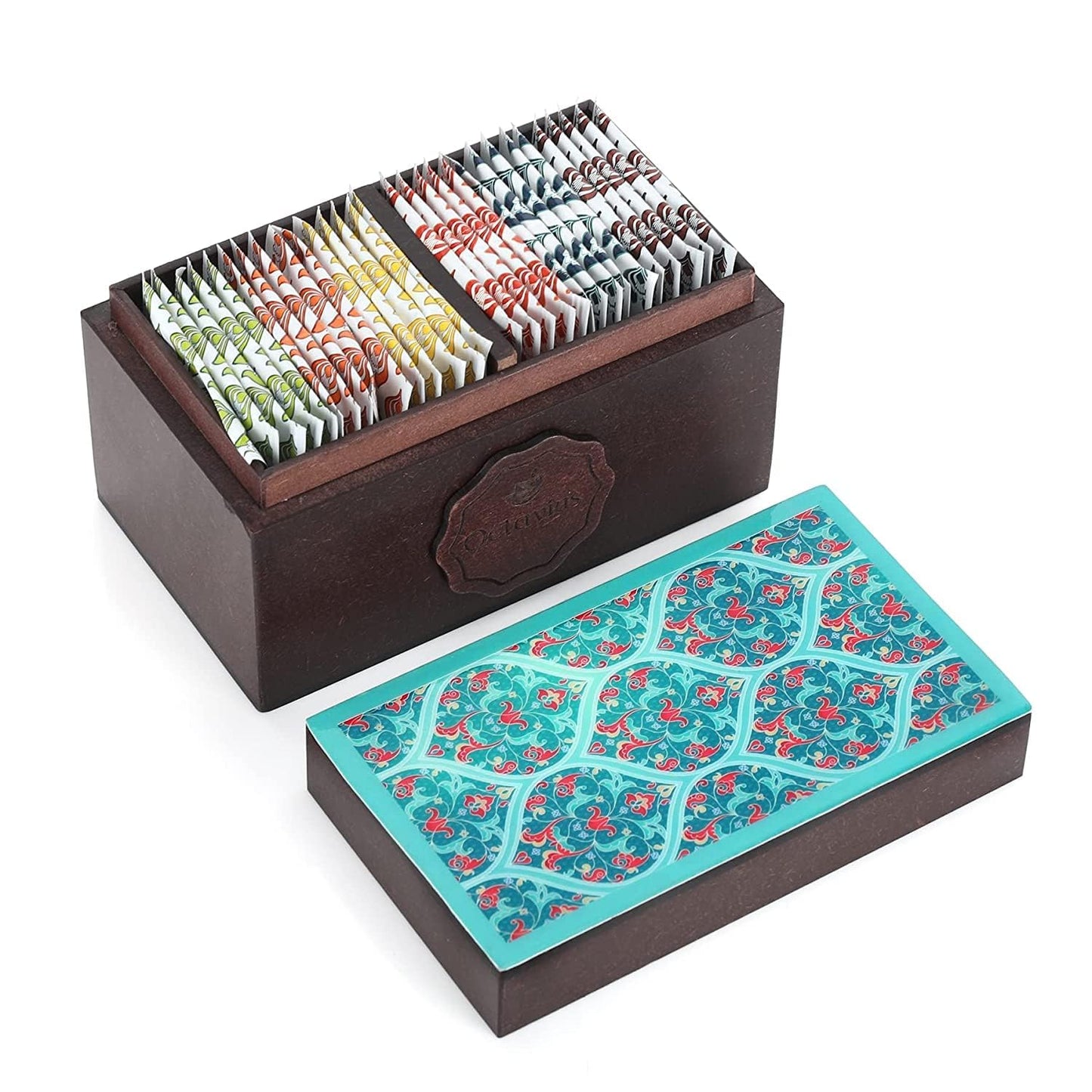 Octavius Assortment of 6 Black & Green Teas - 30 Enveloped Tea Bags in Ornate Floral Art Wooden Box | Tea Sampler Assortment Box Tea Variety Pack | Tea gift for Tea Lovers, Family, Friend