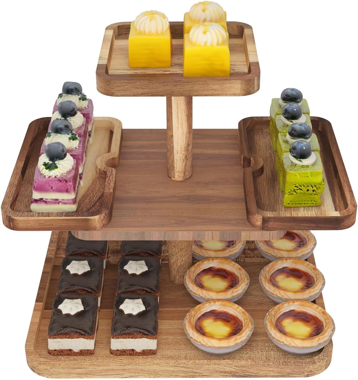 Acacia Wood 3 Tier Cupcake Stand with 2 Removable Snack Tray, Rustic Square Cup Cake Tower Stand for 25 Cupcakes, Display Cakestand for Wedding, Birthday, Serving Tea Party, Natural