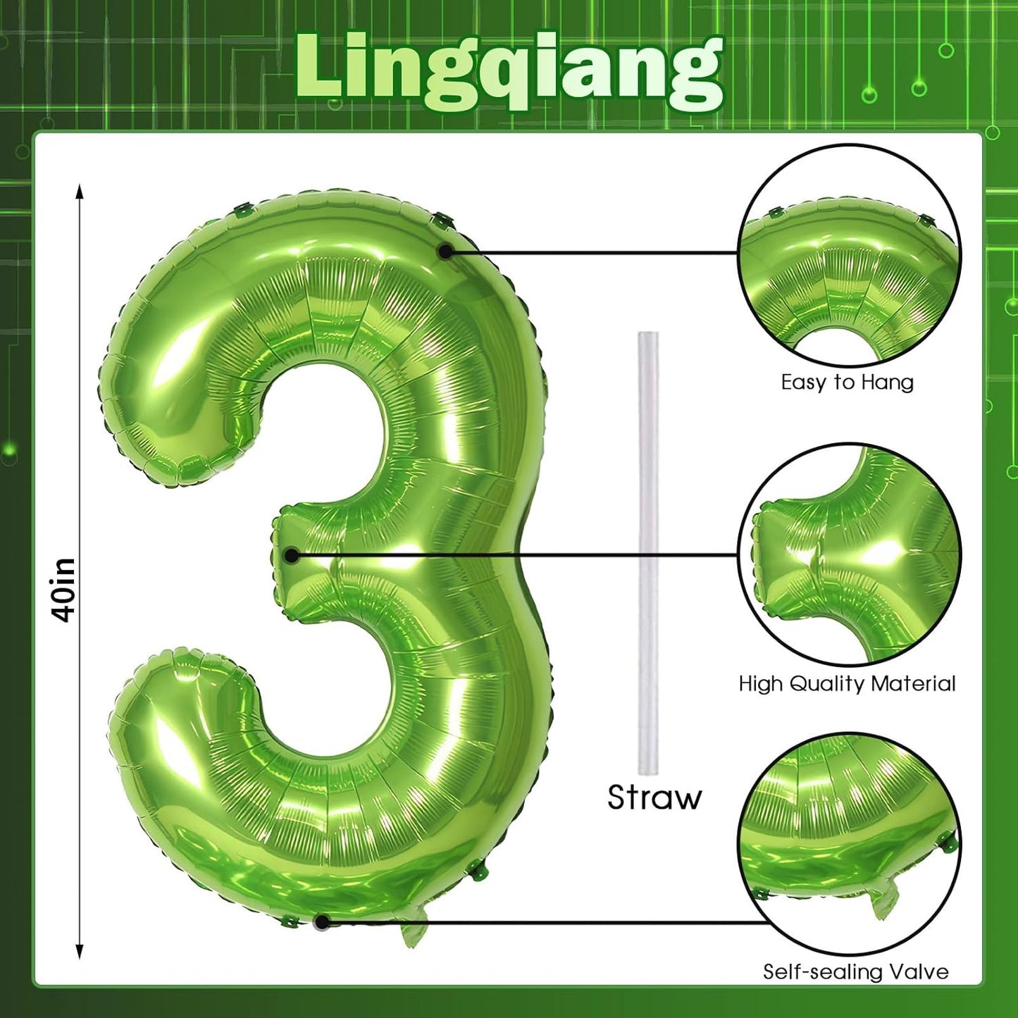 40 Inch Green Large Numbers Balloons 3, Self Inflating Digit 3 Helium Balloons for 3rd Boys Girls, Foil Mylar Big Number Balloons 0-9 for Women Men Birthday Party Anniversary Supplies Decorations
