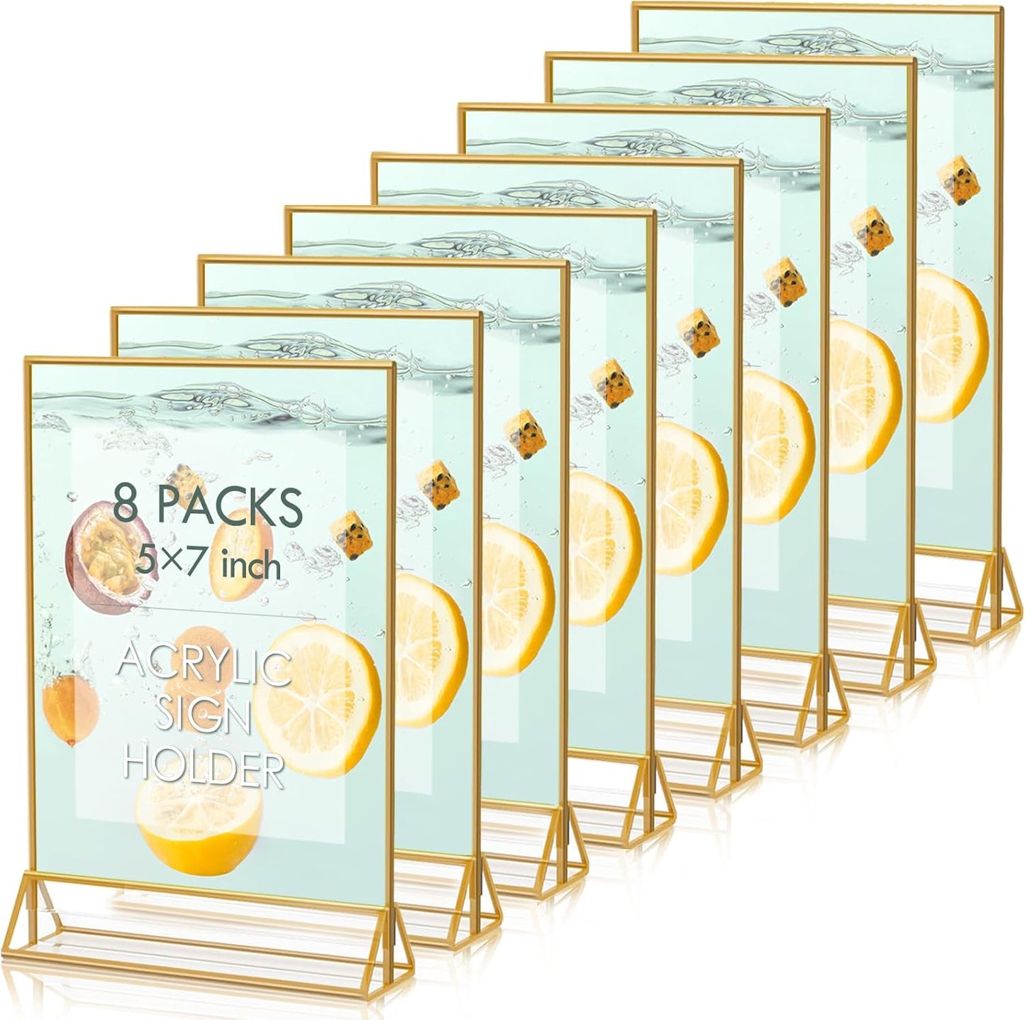 HOODO 8 Pack 5x7 Acrylic Table Number Holders with Golden Border, Double-Sided Clear Acrylic Sign Holder Gold Picture Frames Sign Holder, Vertical Stand (5"x7"-8 Pack)