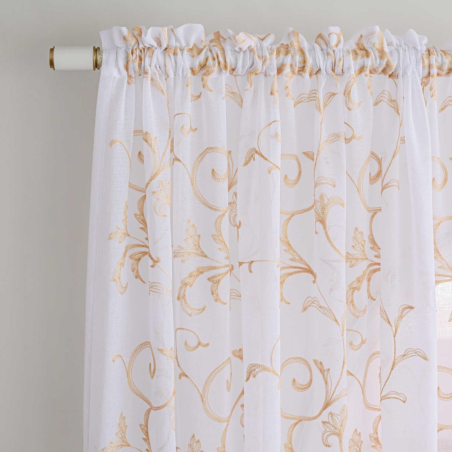 Sheer Curtains White-Beige 45 Inch Length Floral Embroidery Vintage Rod Pocket Voile Drapes for Living room, Bedroom, Window Treatments Semi Crinkle Curtain Panels for Farmhouse Set of 2, 52"x 45".