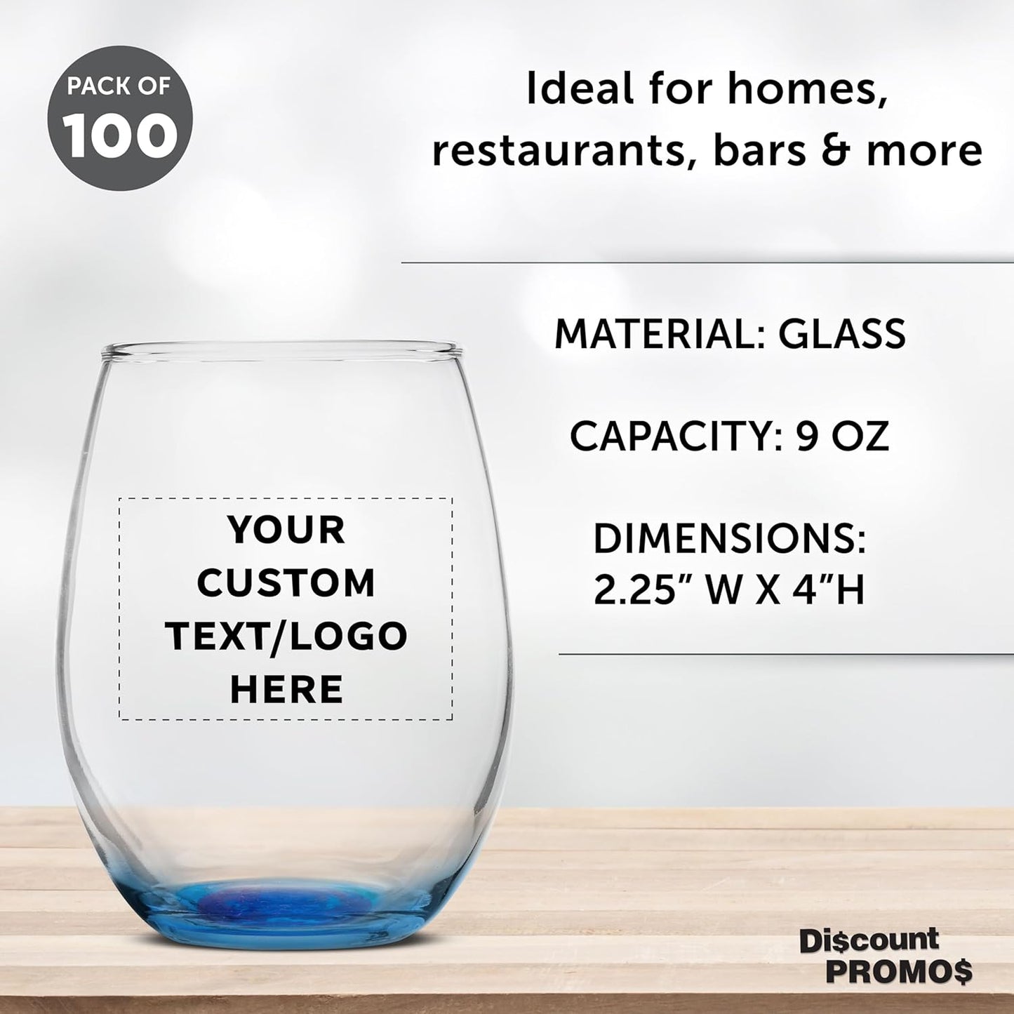 Custom Stemless Wine Glass 9 oz. Set of 100, Personalized Bulk Pack - Great for Wedding Favors, Bachelorette Party Decorations, Party Favors, Color Bottom - Blue