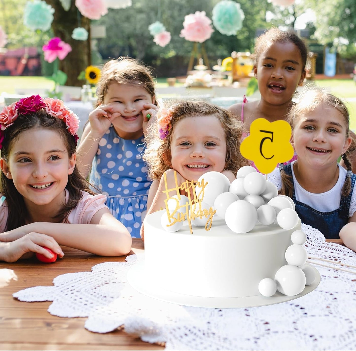 MIAHART Ball Cake Toppers Boho Grass Cake Topper Ball Cake Insert Decoration for Birthday Wedding Baby Shower Party Decorations Boho Themed Party Supplies (White)