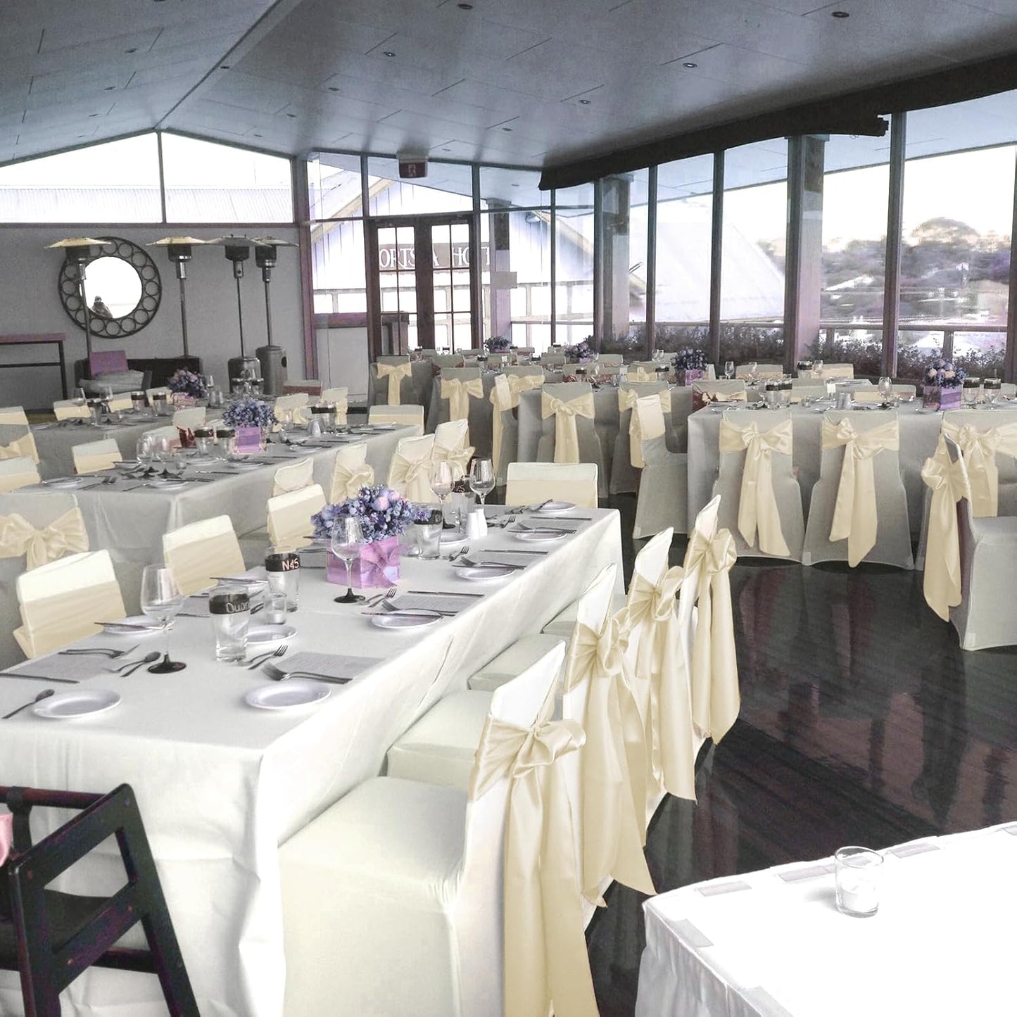 fani 120 PCS Ivory Satin Chair Sashes Bows Universal Chair Cover for Wedding Reception Restaurant Event Decoration Banquet,Party,Hotel Event Decorations (7 x 108 inch)