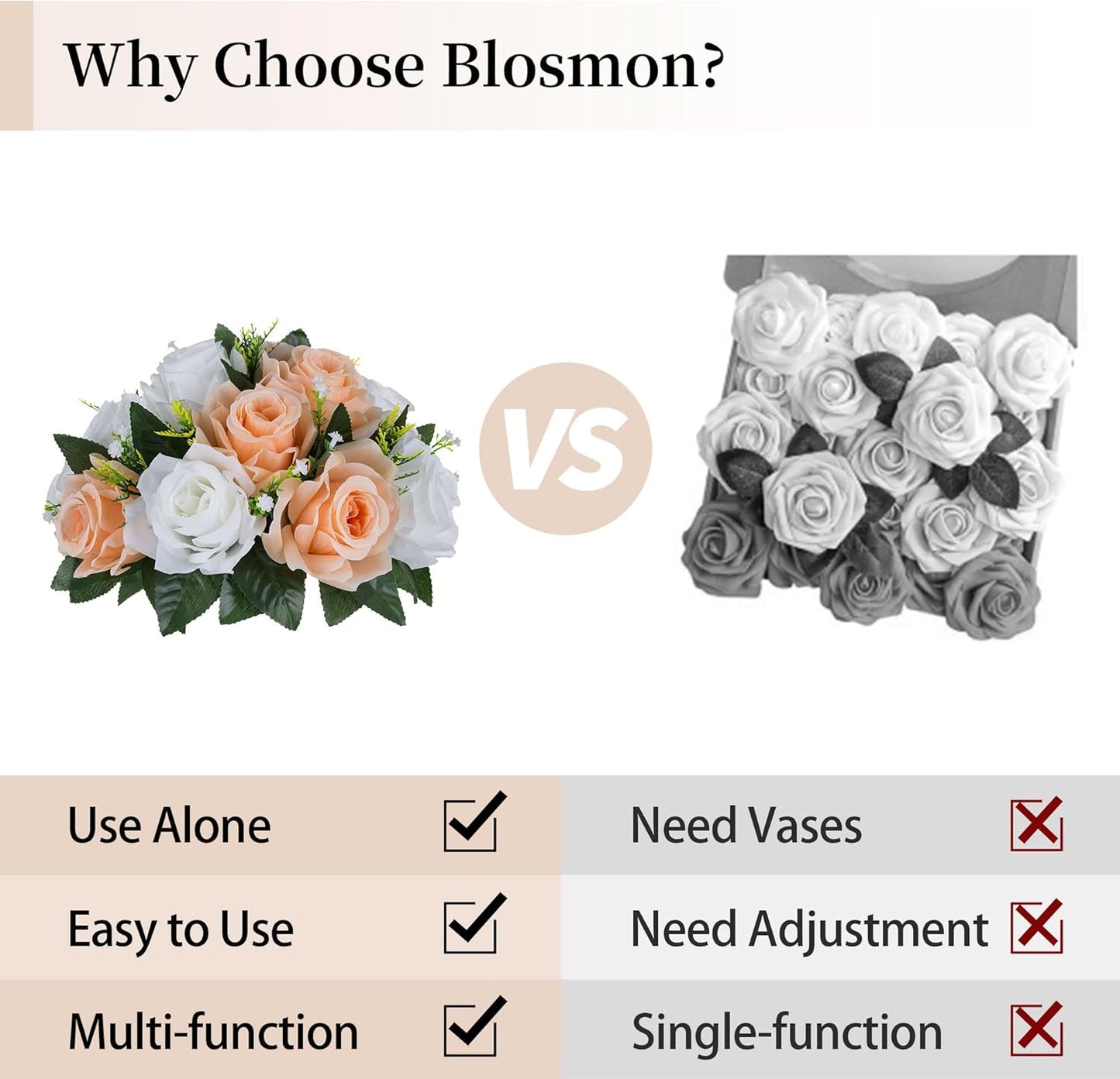 BLOSMON Flower Balls for Wedding Centerpieces: 10pcs Peach Fuzz 9.5 Inch Fake Rose Kissing Ball Decor Artificial Floral Arrangements Silk Bouquet with Base Home Party Room Table DIY Decorations