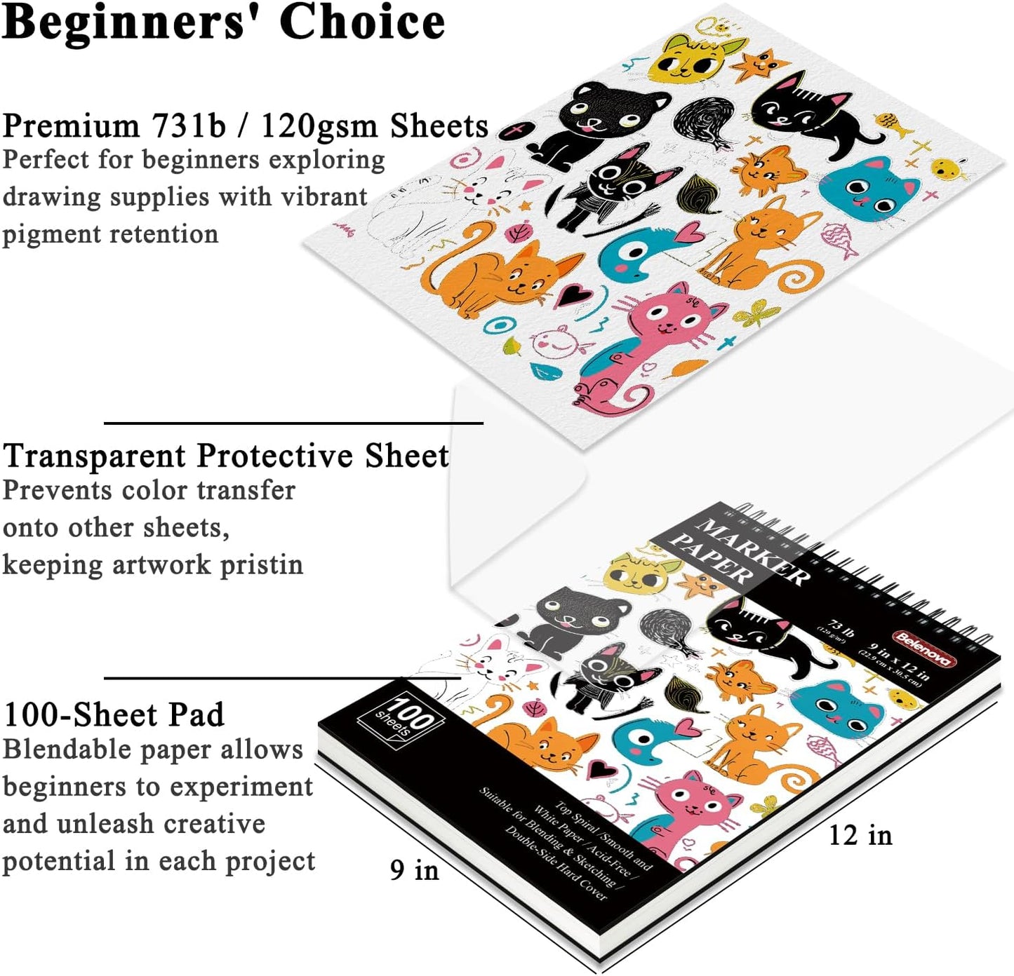 Belenova 9" x 12" Marker Paper Pad, 100 Sheets Bleedproof Sketchbook for Alcohol Markers - 73lb/120gsm Art Supplies for Drawing & Coloring (Kids/Adults).