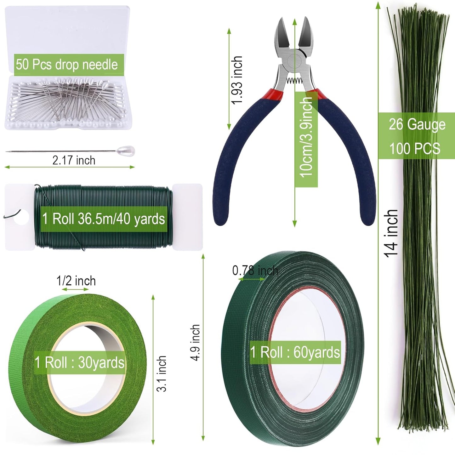 GLAMFIELDS Floral Arrangement Kit with Floral Tape, 26 Gauge Floral Stem Wire, 22 Gauge Floral Wire, Cutter, Boutonniere Flower pin for Bouquet Stem Wrapping, Floral Crafts and Wedding Bridal Bouquets