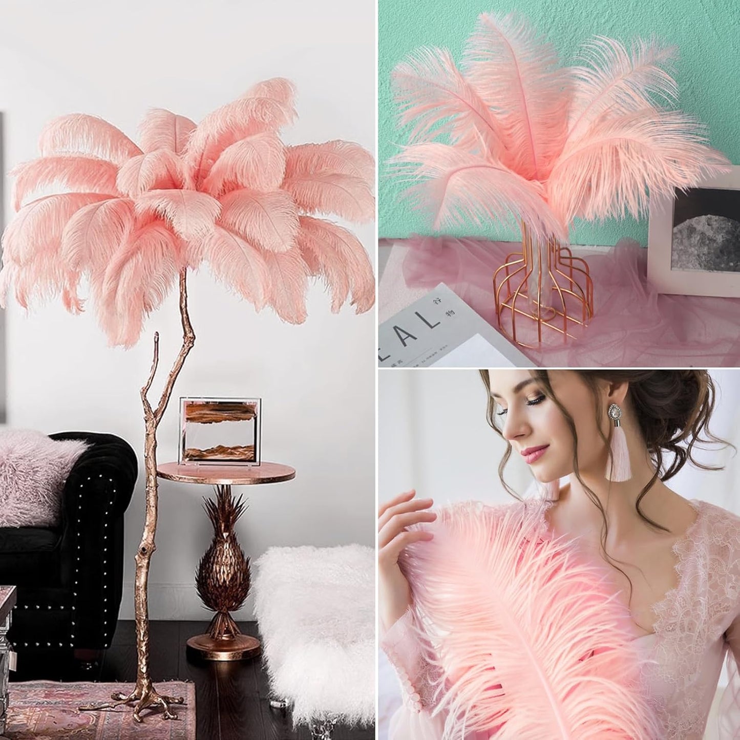 NEWONG 30pcs Rouge Pink Ostrich Feathers Natural Bulk 8-10in（20-25cm） Vase Craft Wedding Home Party Centerpieces Christmas Day Decoration