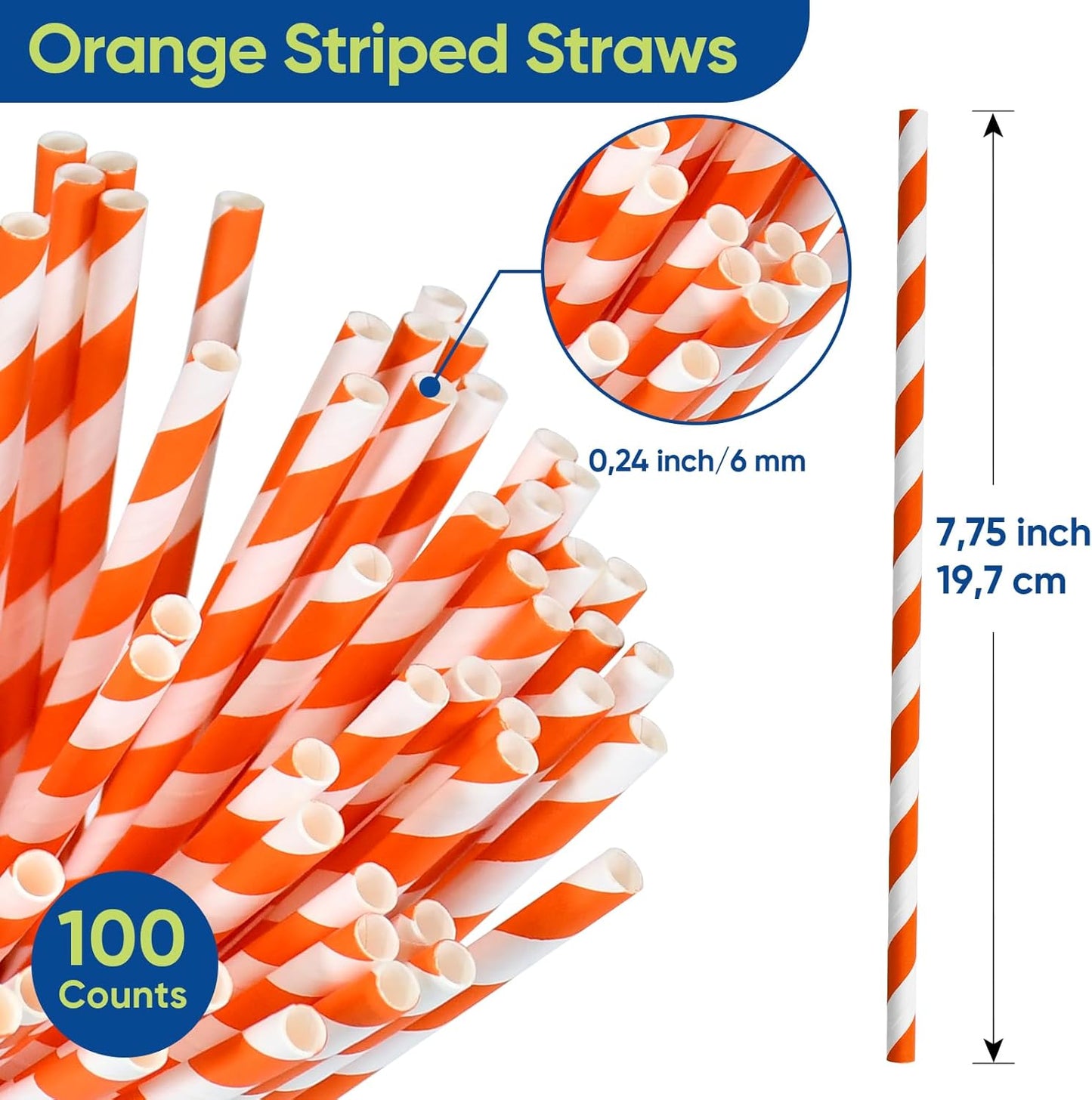 Compostable 7.75 inch Orange White Striped Paper Drinking Straws, 100 Counts - for Cocktail, Juice, Coffee, Bars, Restaurants