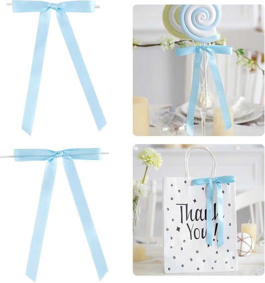 50 PCs Blue Bow 5 Inch Long Tail Bows for Gift Wrapping, Easter Bow Party Decorations, Twist Tie Bows, Satin Bows for Crafts, Premade Bows for Presents, Treat Bags, Bottles, Cakes