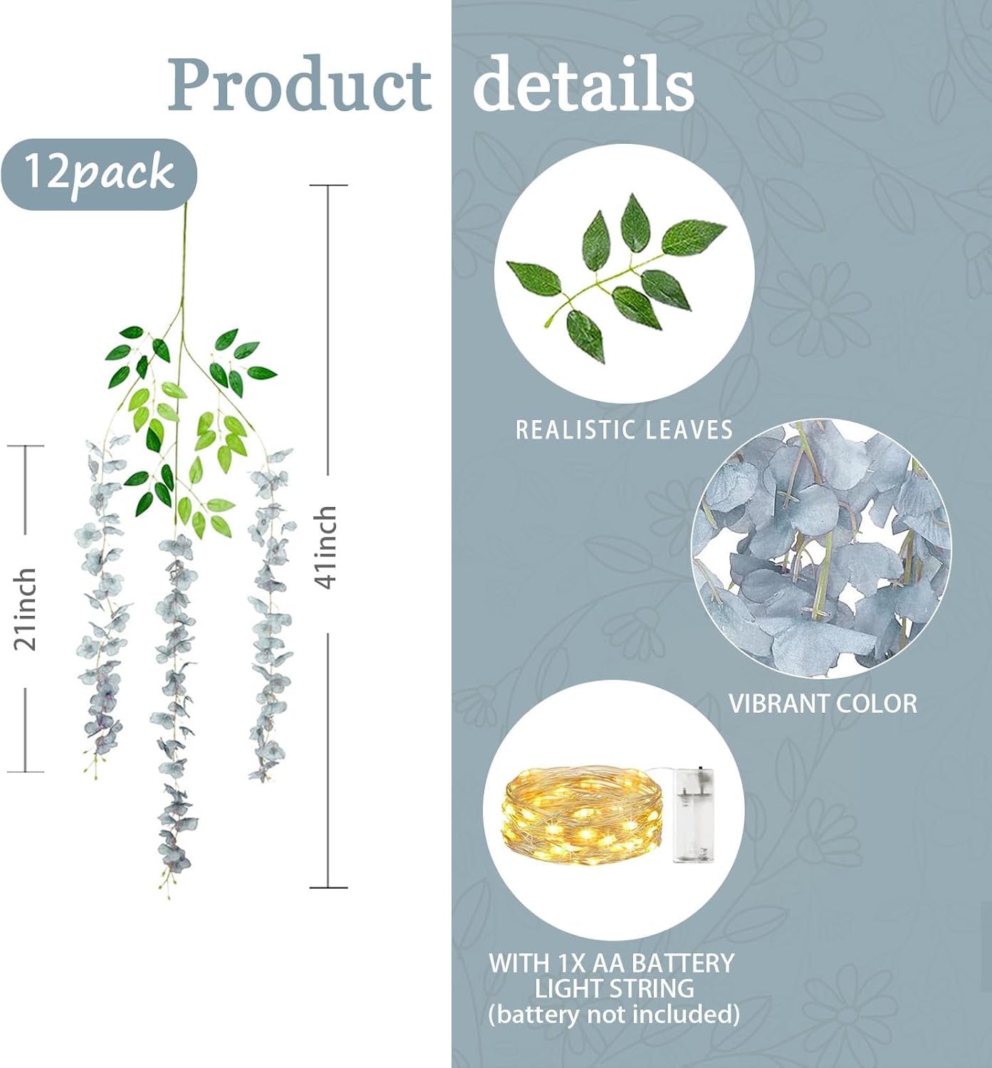 12 Pack Grey Wisteria Hanging Flowers Garland with Lights, 3.44 Feet Artificial Flower Vines, Fake Wisteria, Artificial Vines Hanging Garland for Backdrop Outdoor Patio Garden Decor