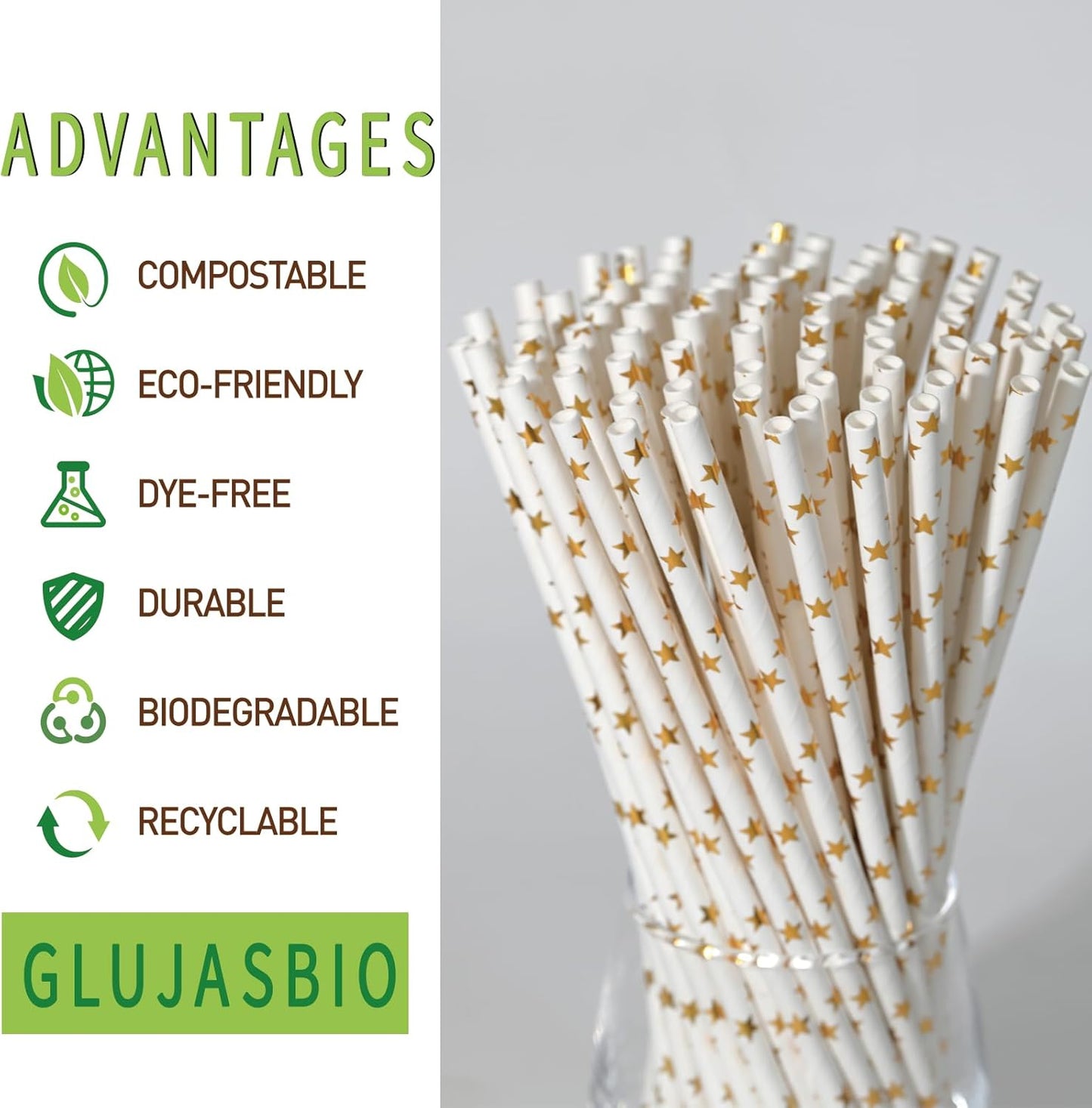Paper Straws Disposable, Cocktail Metallic Gold Star Straws Drinking Biodegradable Straws for Holiday, Party, Wedding - 100 Count，7.75 Inch
