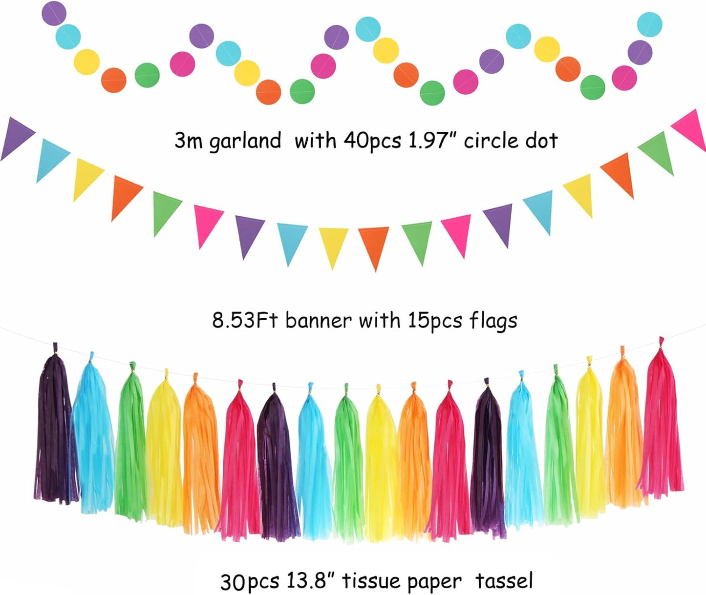 Rainbow Birthday Party-Decorations - 33pcs Colorful Banner,Mexican Theme Streamers Tassel Garland,Tissue Pom Poms Honeycomb,Paper Lantern Fans,Baby Shower Classroom Decor Supplies Hugtmr