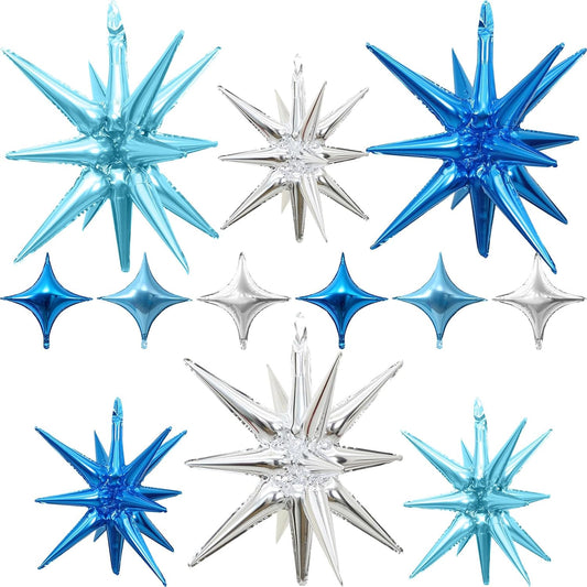 Blue Silver Star Balloons 12pcs, 27/22 Inch Foil Star Explosion Balloons, Large Spike Mylar Cone Balloon, Fireworks Shape Balloon for Men Boys Birthday Space Theme Party Backdrop