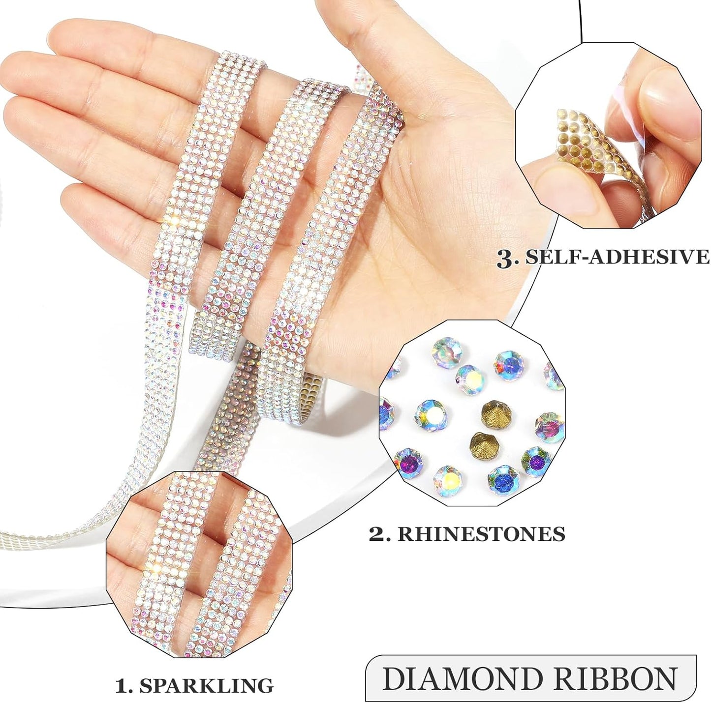 Rhinestone Ribbon 3 Yards Self Adhesive Rhinestone Strips Diamond Ribbon Sticker Crystal Roll Glitter Bling 2mm Rhinestones Tape for Crafting DIY Art Decoration (Silver AB,0.4 Inch)
