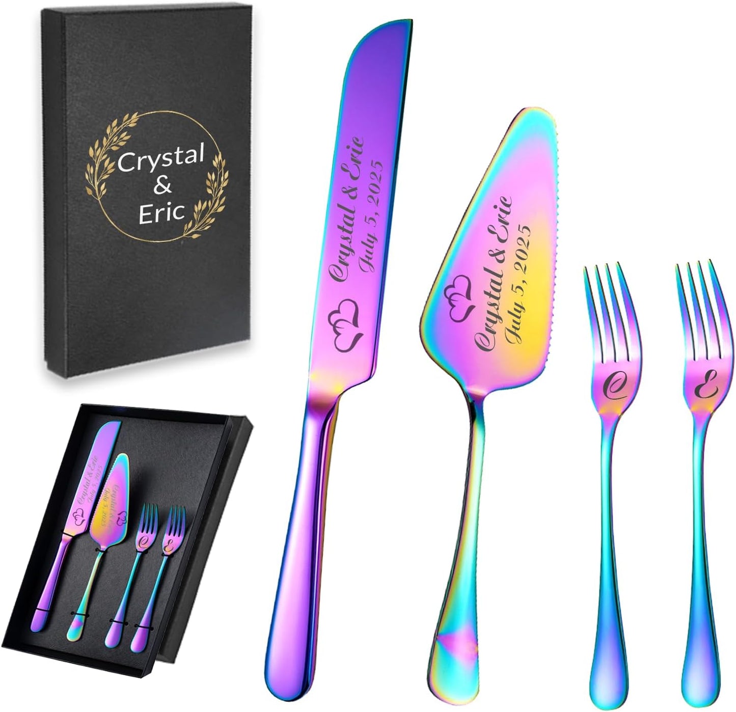 Personalized Wedding Cake Knife and Server Set, Custom Names Cake Cutting Set with Stainless Steel Forks, Customized Bridal Anniversary Birthday Wedding Registry Gifts (Multicolor)