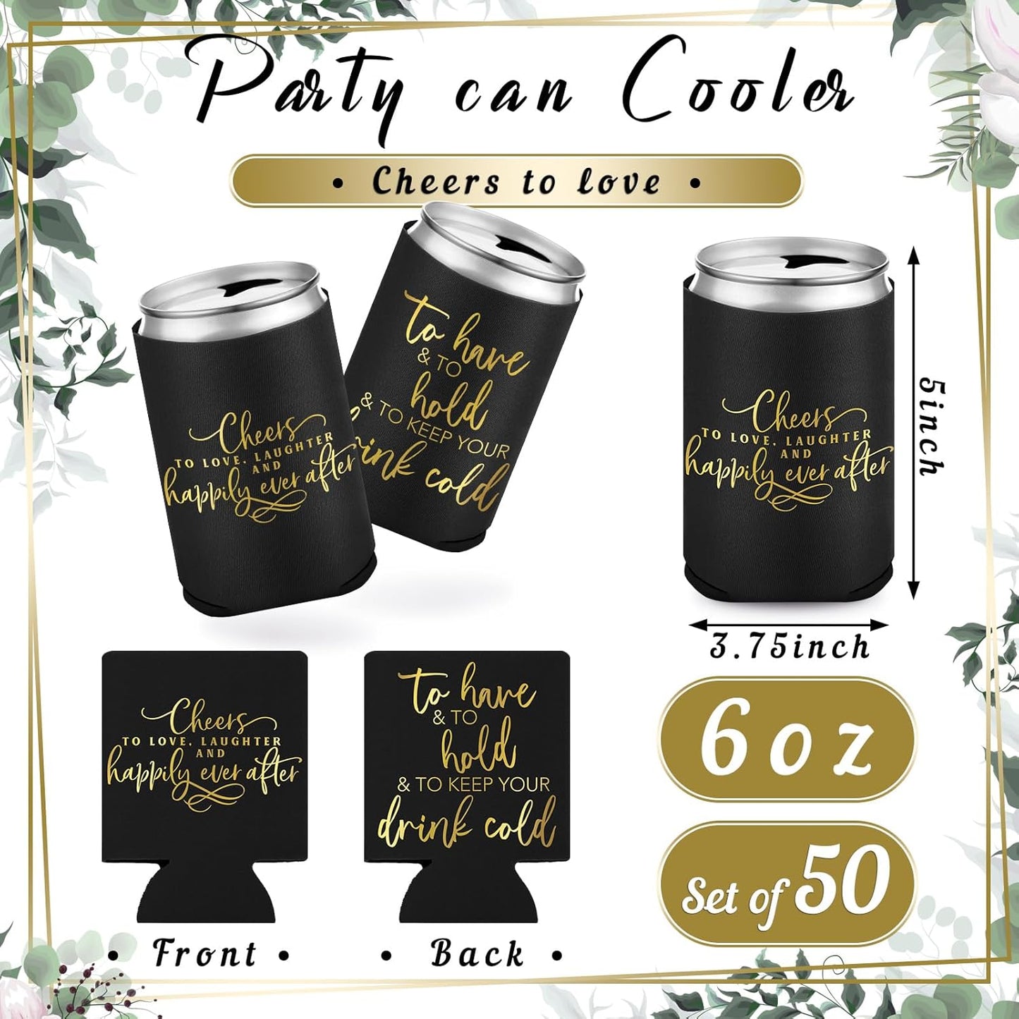 50 Pieces Black Wedding Can Cooler Sleeves Bulk Engagement Party Favors for Guests Cheers to Love Laughter Happily Ever After Rehearsal Dinner Decorations for Wedding Bridal Party