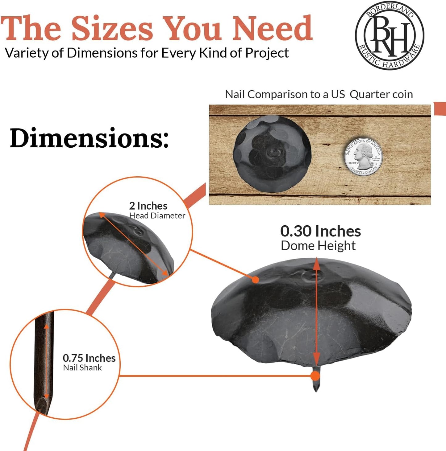 50 Pack 2" Round Head Iron Clavos Decorative Nails – Sealed Unfinished – Handmade Rustic Round Fasteners for Farmhouse Shutters, Faux Wood, Barn Doors, Shutters, Gates – Ornamental Wood Accent