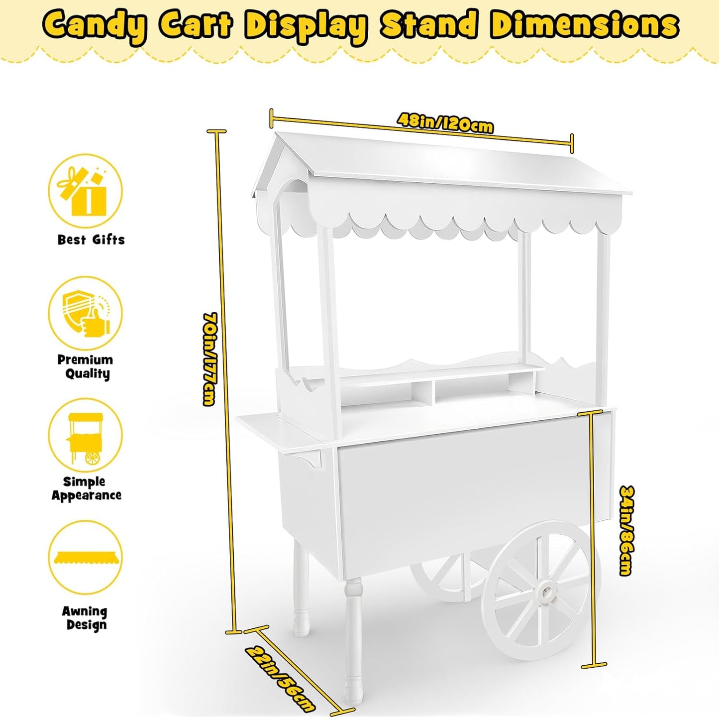7FT Candy Cart Display Stand with Decorated Wheels, Dessert and Party Decoration Cart with 100 Ballons, Easy to Install Vintage for Parties, Birthdays, Weddings, (White)