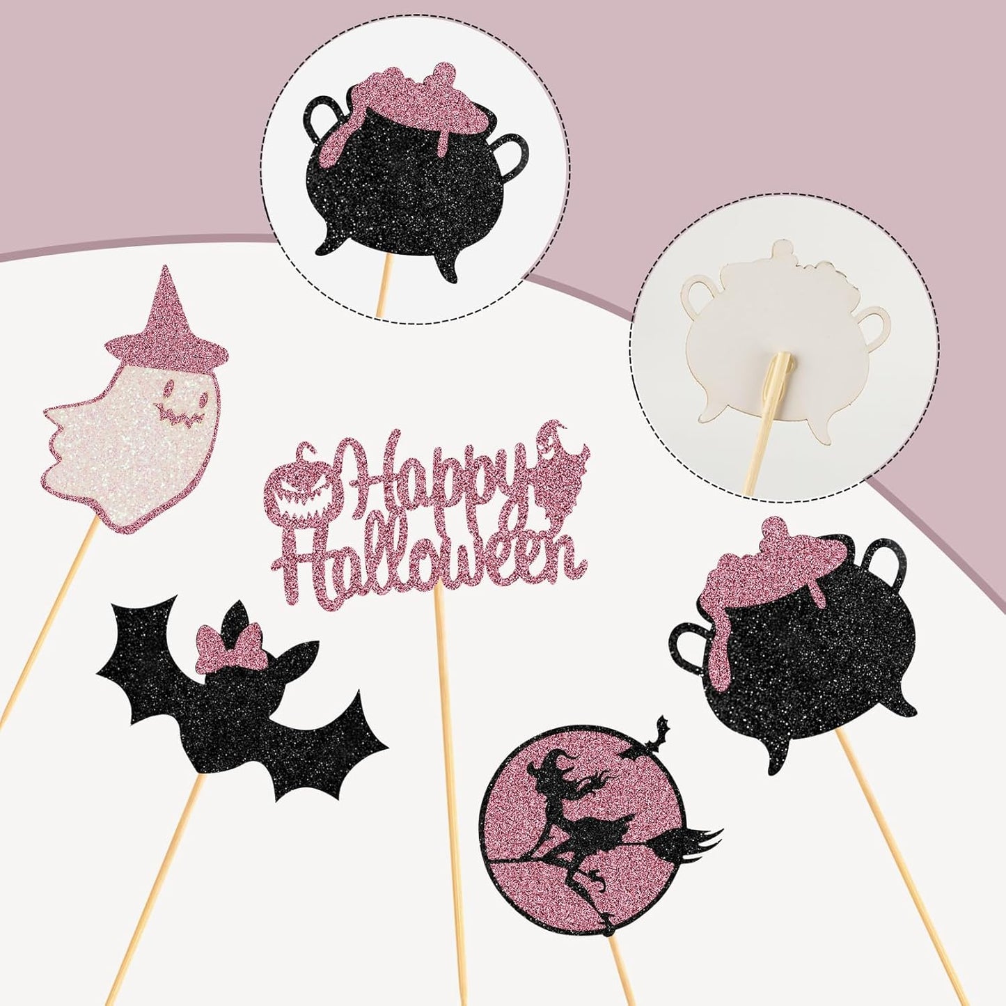 60Pcs Halloween Cupcake Toppers, Bat Pumpkin Ghost Cupcake Decorations for Halloween Party Supplies,Pink Multi Style1