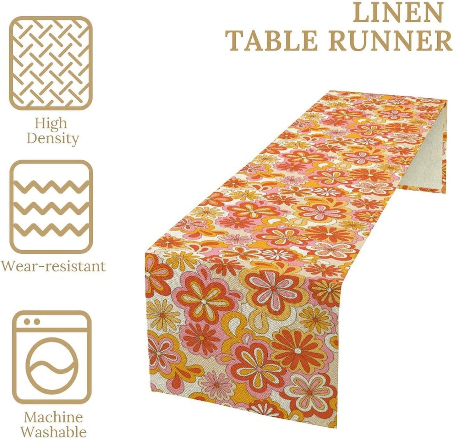 Vintage Floral Table Runner,70s Style Retro Daisies Flower Hippie Table Runner for Kitchen Dining Table Home Party Decoration 13x108 Inch