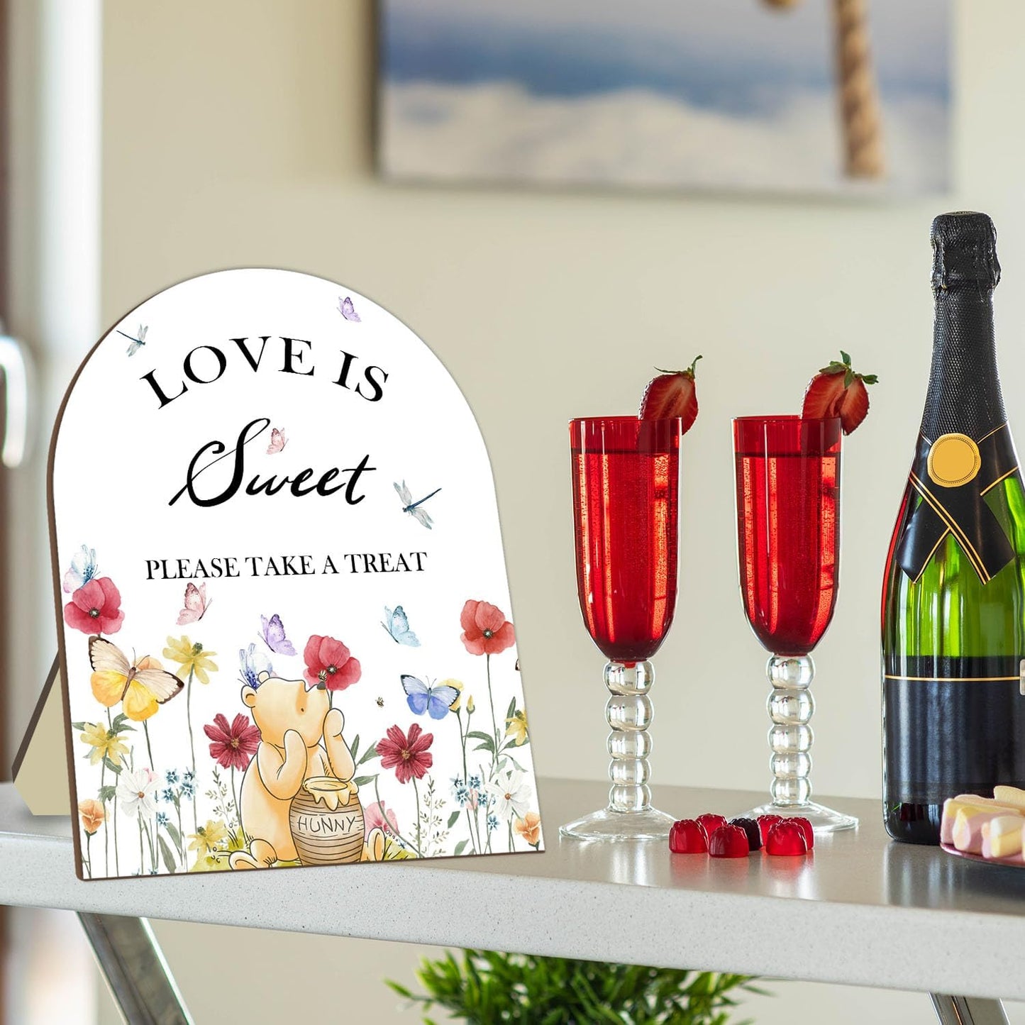 Winnie Decor Love is Sweet Sign, Floral Butterfly Decor Bridal Shower Welcome Sign, Classic Pooh Wedding Sign Bridal Shower Favors for Guests, Love is Sweet Please Take A Treat Sign 9 * 11IN
