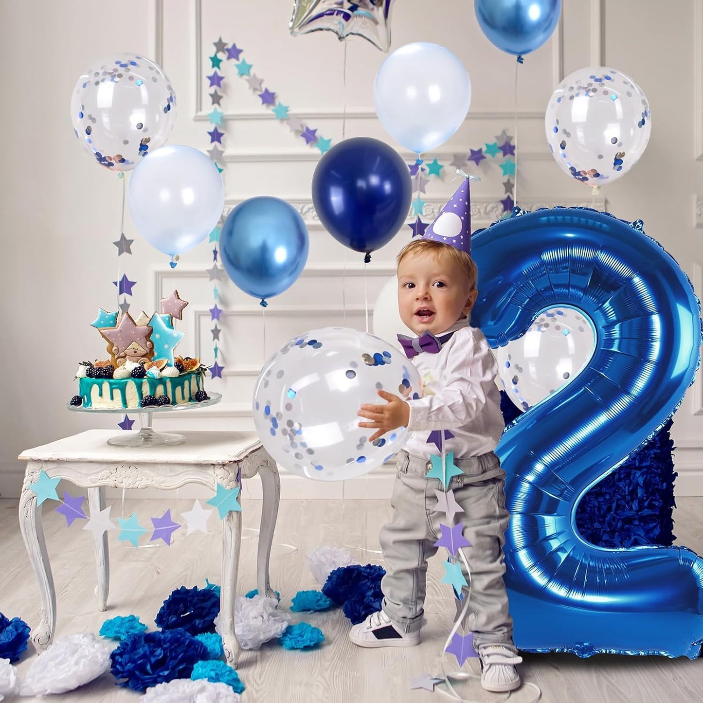 Foil Number Balloons - 2nd Birthday, Pastel Helium Balloons, 40 inch, Navy, Dark Blue, Silver Confetti, Self Inflating, Big Two, Boys' Birthday Party Decor