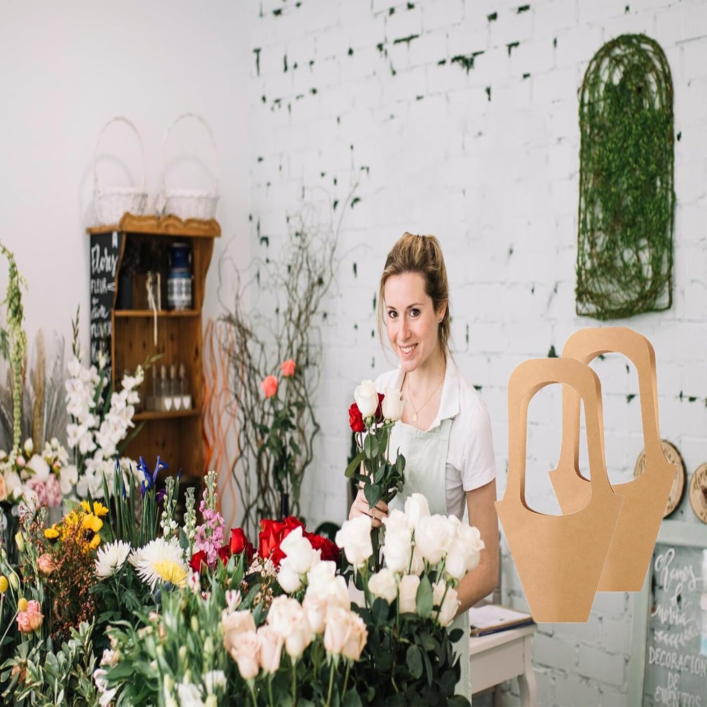 50 pc Kraft Paper Flower Bags with Handles Cones & Brown Bouquets - Shears, Thorn Remover, Floral Tape & Lace Ribbon (13.78Inches)