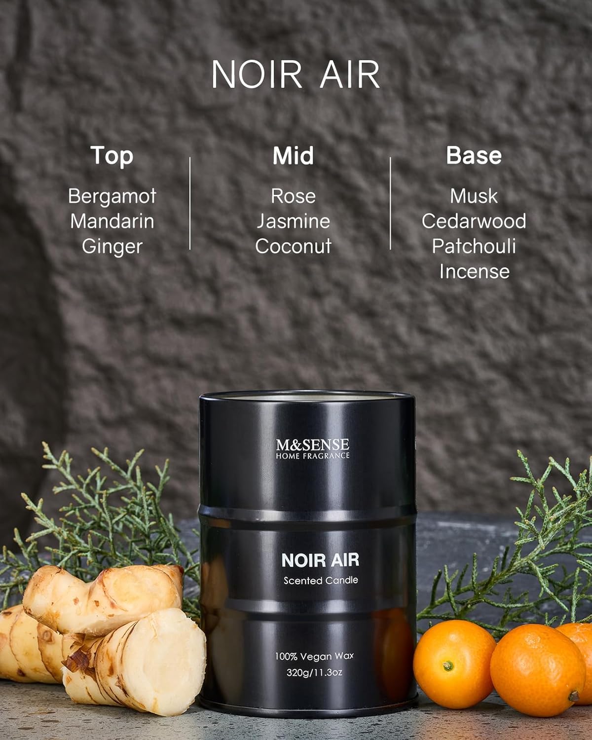 M&SENSE Scented Candle, Noir Air Medium Jar Candle Gifts for Men, 70 Hours Slow Burning Natural Soy Candles 11.3oz, Stress Relief Aromatherapy Candles Home Decor, Valentines Day Gifts for Him