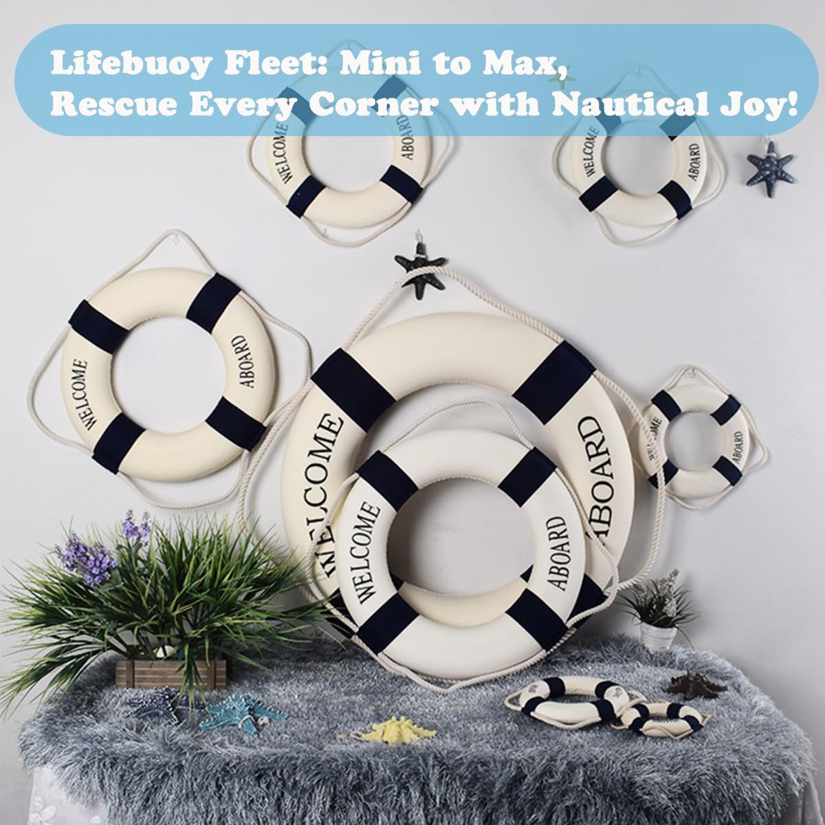MorroMorn Lifebuoy Wall Hanging Decor - Welcome Aboard Mediterranean Style Home Decoration (Navy, 10")
