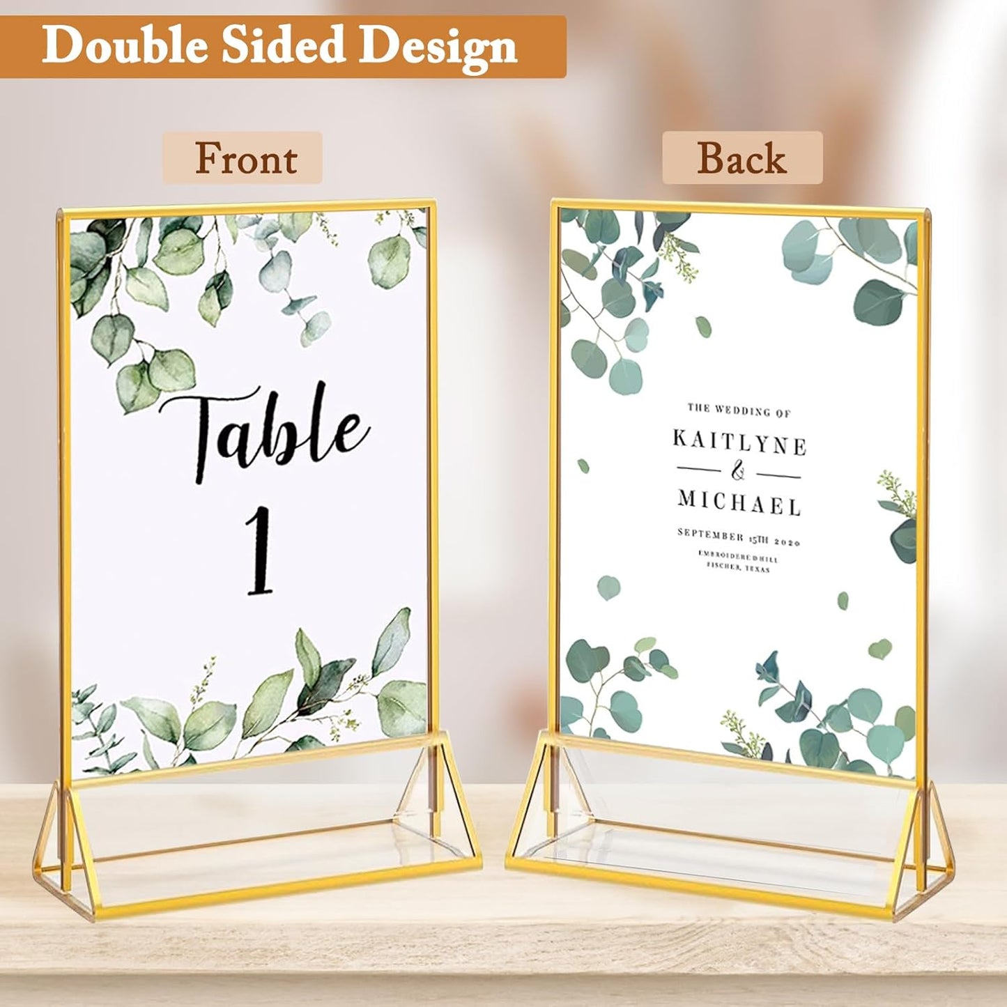 Floroom 12 Pack 5x7 Inch Clear Acrylic Sign Holders, Double-Sided Gold Display Stand Picture Frames for Table Numbers, Menus, Flyers, Weddings, and Offices