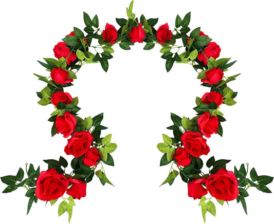 UKELER 2 Pack 14FT Artificial Rose Vines Red Flower Garland Artificial Rose Flowers with Green Leaves Floral Plant for Wedding Arch Party Garden Craft Home Decor