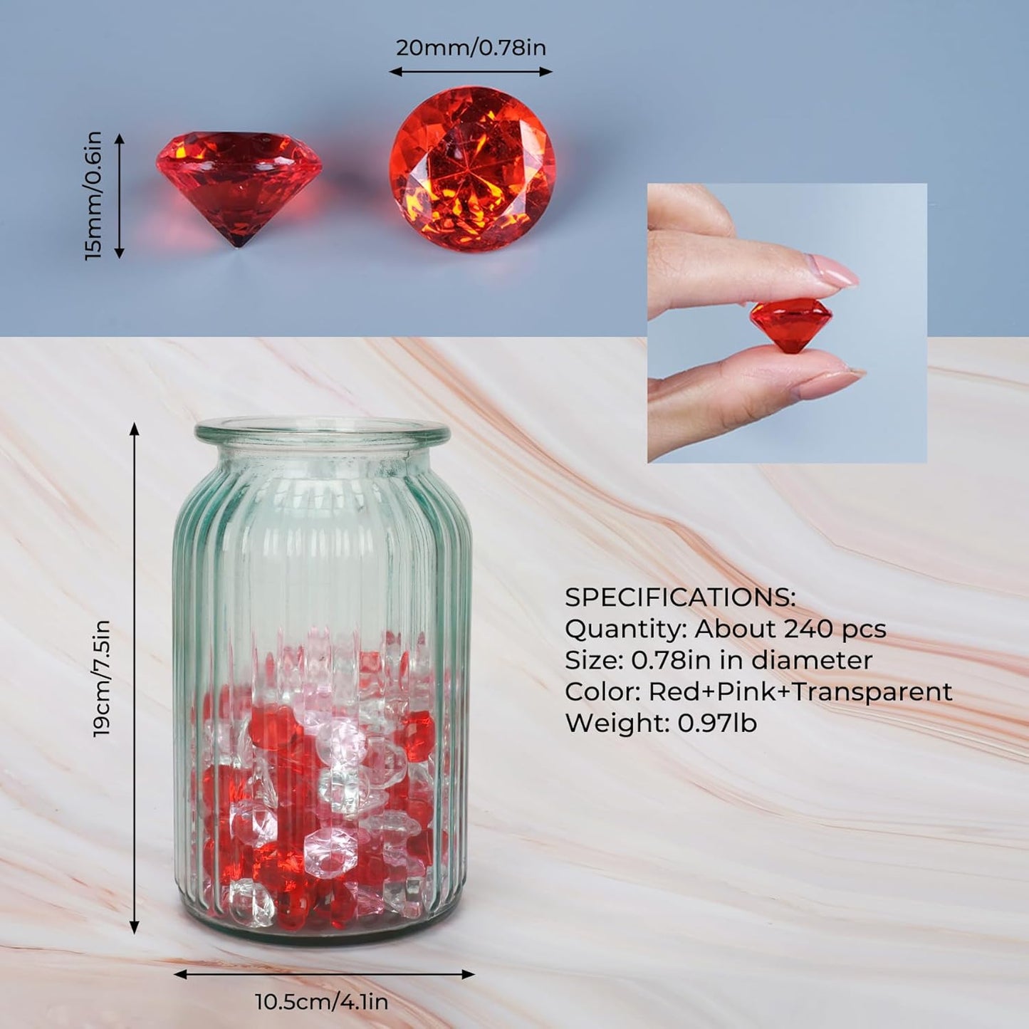 Acrylic Diamond Fake Gems Vase Filler, Babenest 240pcs 3/4 Inch Faux Diamonds Crystals Jewels for Table Scatters Wedding Party Arts & Crafts Birthday Decoration (240, Clear/Pink/Red)