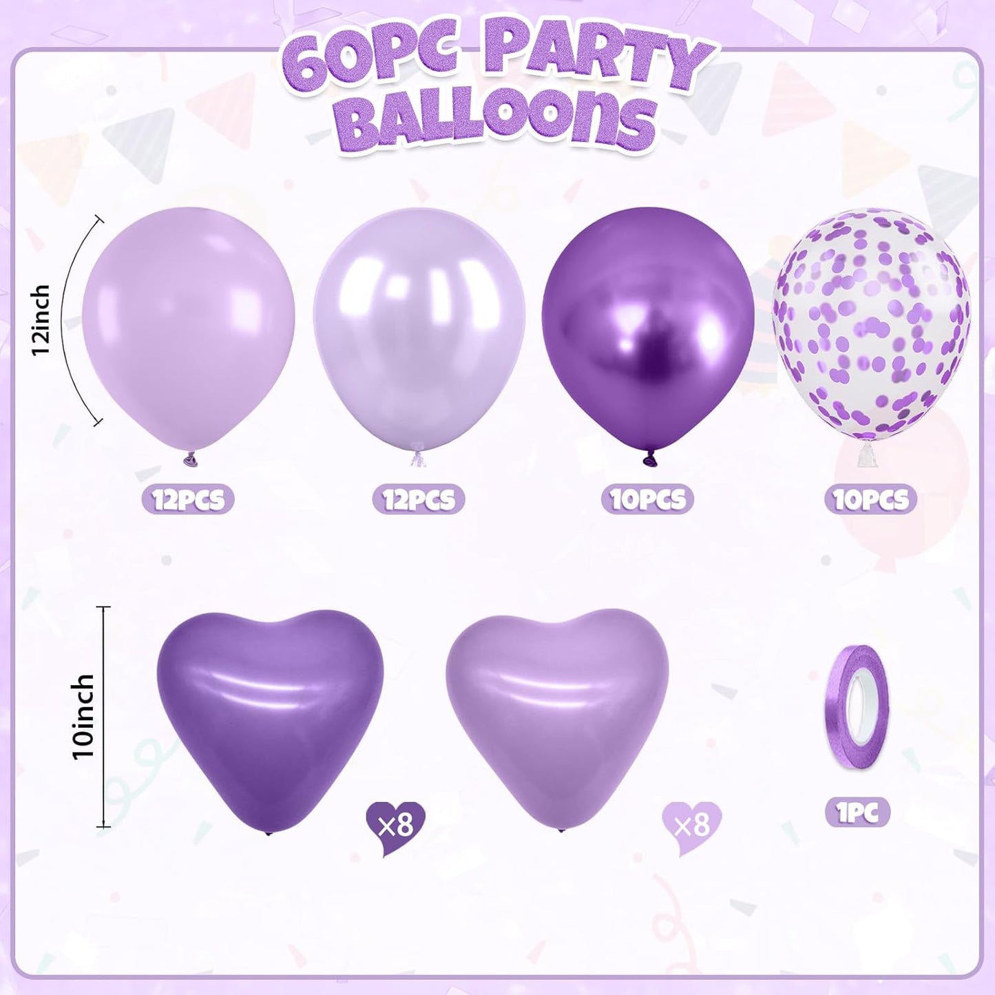 Purple Balloons, 60pcs Metallic Purple Balloons With Matte Macaron Heart Latex Balloon Confetti Balloon Birthday Baby Shower Party Wedding Bridal Shower Bachelorette Engagement Anniversary Decorations