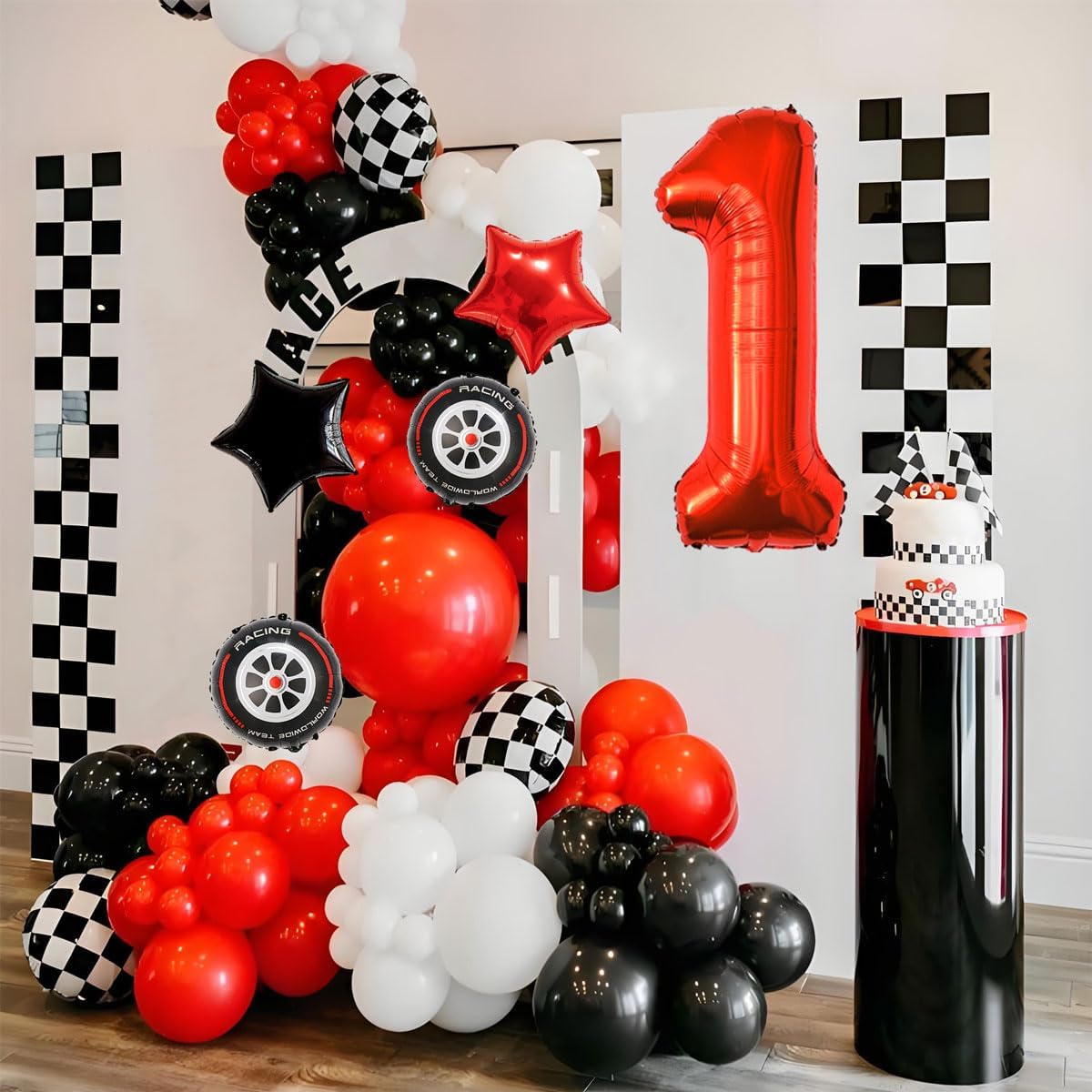 Race Car Birthday Party Decorations - 40 Inch Mylar Red Number 1 Balloons - Black Foil Checkered Race Car Balloons for 1st Birthday Race Cars Themed Party Decorations