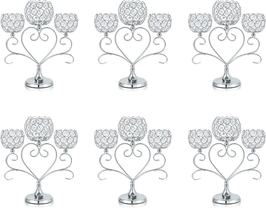 6 Pcs Silver 3-Arm Heart Tea Light Candle Holder - Crystal & Metal Wedding Centerpiece Decor, Sparkling Table Decor for Anniversaries/Romantic Tabletop Home/Dinner Party/Events
