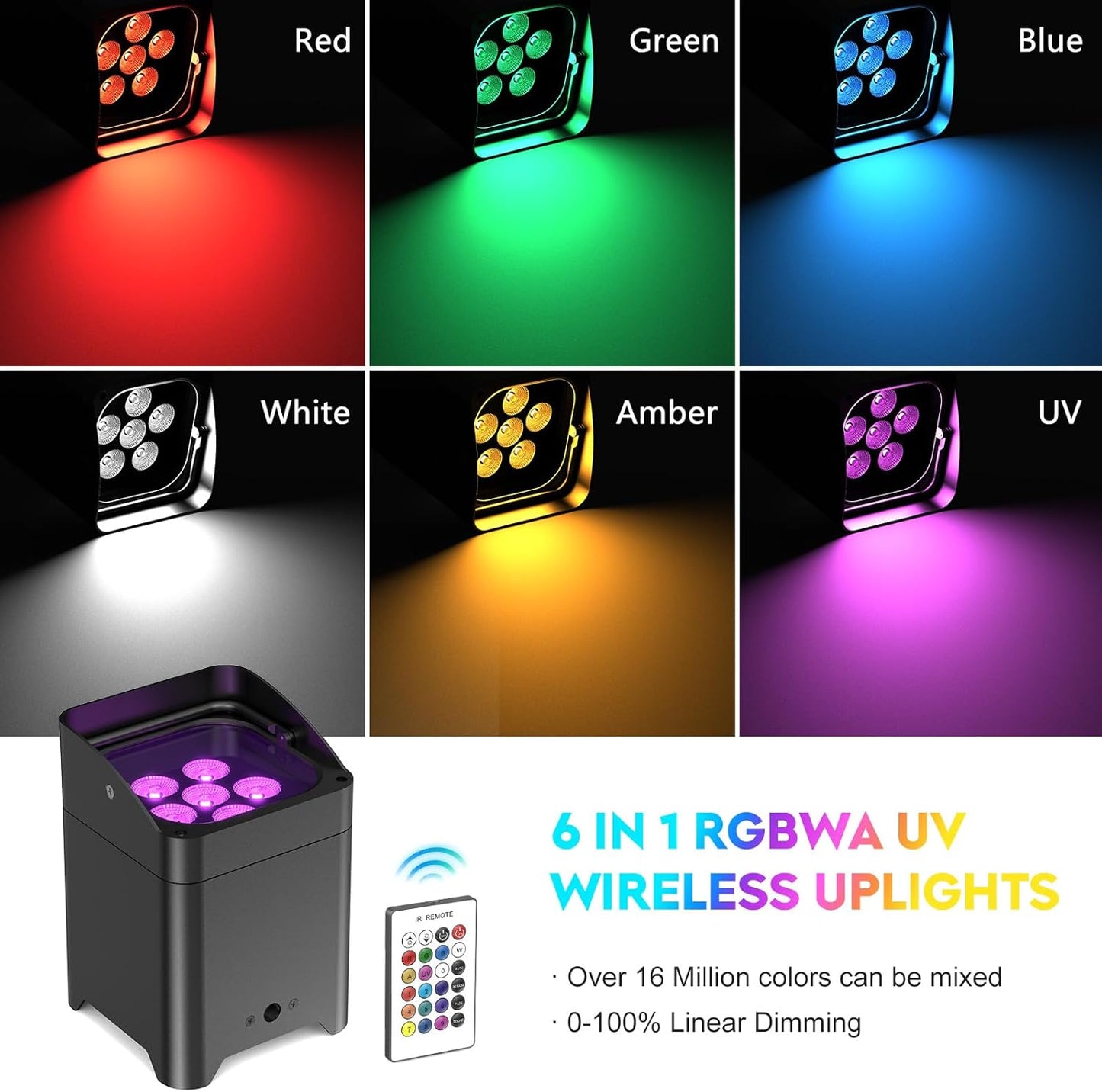 9600mAh Wireless Uplights, 6x18W RGBWA UV Stage Lights, APP/DMX512 Controlled Par Lights, Rechargeable Battery Powered Uplights for Show, 4 Pcs with Bag