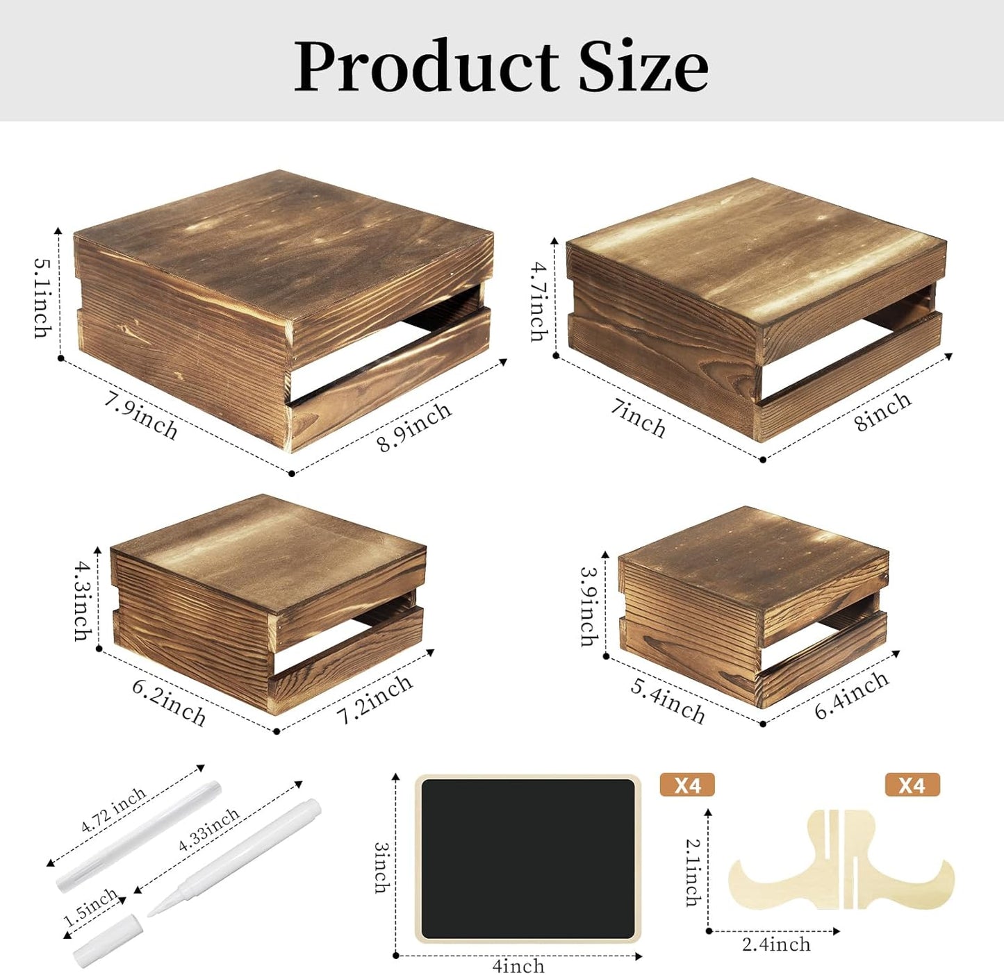 4 Pcs Buffet Risers with Mini Signs, Rustic Wood Cake Stands, Food Risers for Buffet Table, Dessert Display Stand, Wood Crates, Rustic Cake Stand for Party, Wedding, Birthday, Baby Shower, 4 Sizes