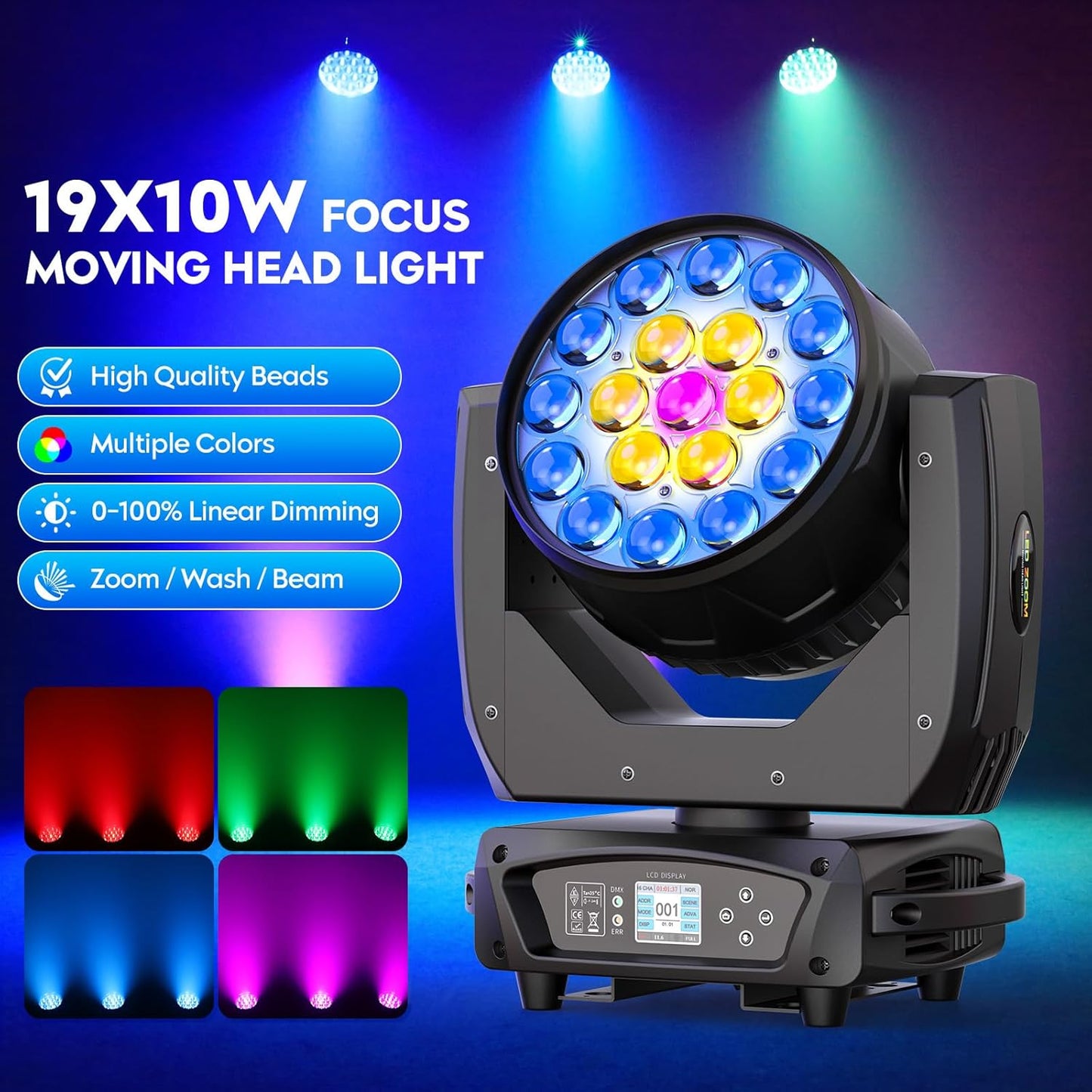 19x10W Moving Head Light Focusing/Beam/Wash/Zoom Effect Stage Lights 4-in-1 LED DMX512 & Sound Activated Control for DJ Disco Nightclub KTV Bar Theater Shopping Mall (4 PCS
