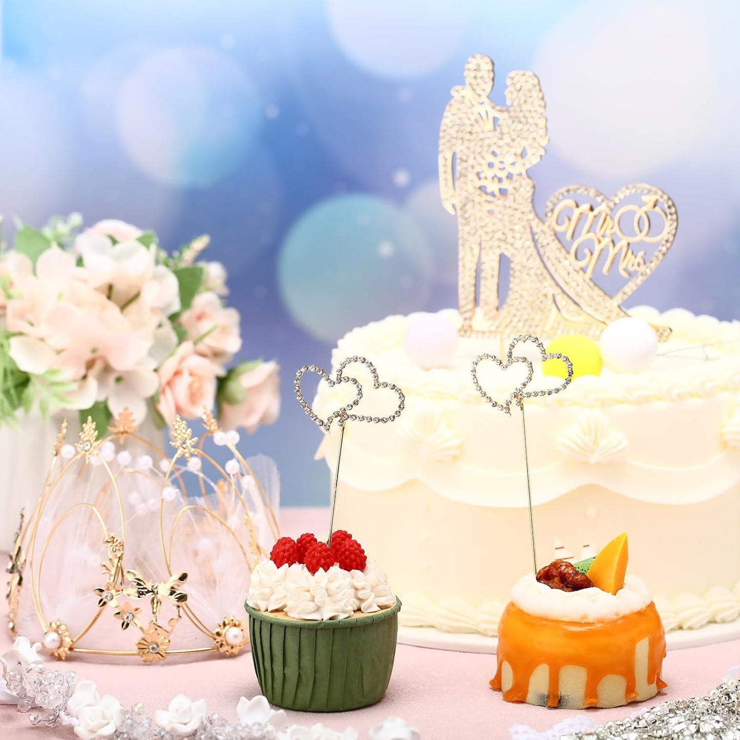 Spiareal 4 Pcs Wedding Cake Topper Mr and Mrs Rhinestone Bride and Groom Love Cake Topper Metal Crystal Heart Shaped Happy Engagement Anniversary Funny Diamond Party Decor for Bridal Shower(Gold)