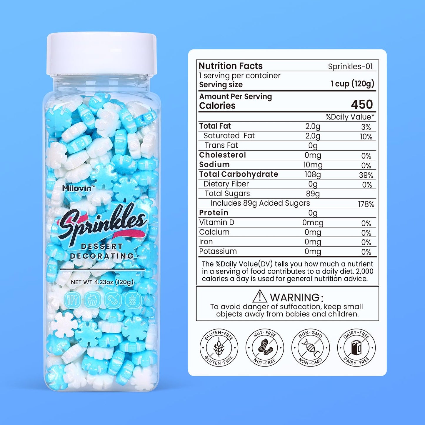 Snowflake Sprinkles Edible, Winter Sprinkles, Blue and White Snowflake Sprinkles, Frozen Sprinkles for Christmas Cookies, Cupcakes, Strawberries, Chocolate, and Ice Cream(120g/4.23oz)
