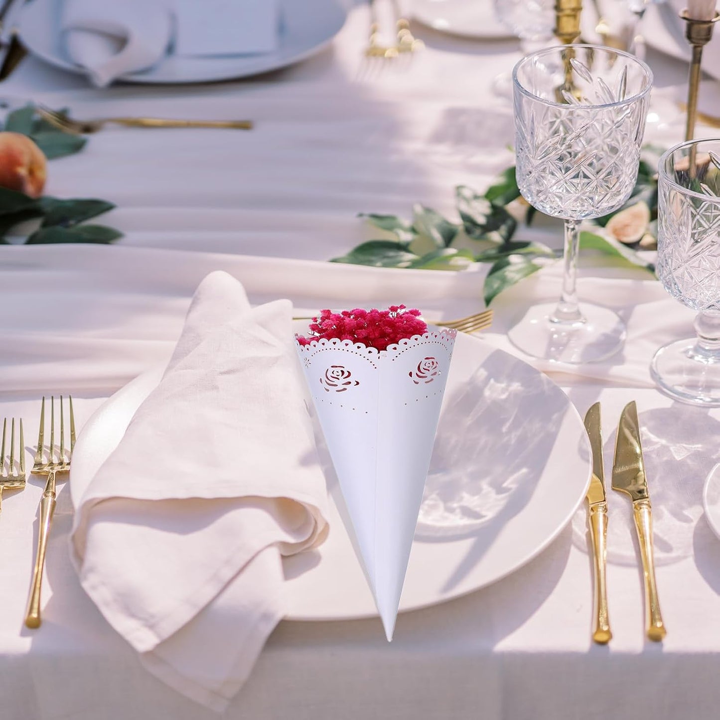 PATIKIL Wedding Confetti Cones, 100 Pcs Paper Tapers Hollow Print Wave Cone Bouquet for Party Candy Gift Boxes Chocolate Bags Buffet Bachelor Party Petals, White