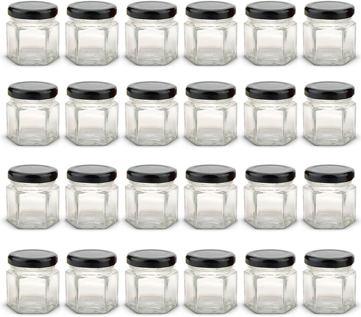 1.5 oz Hexagon Mini Glass Jars with BLACK Lids and Labels (Pack of 24)